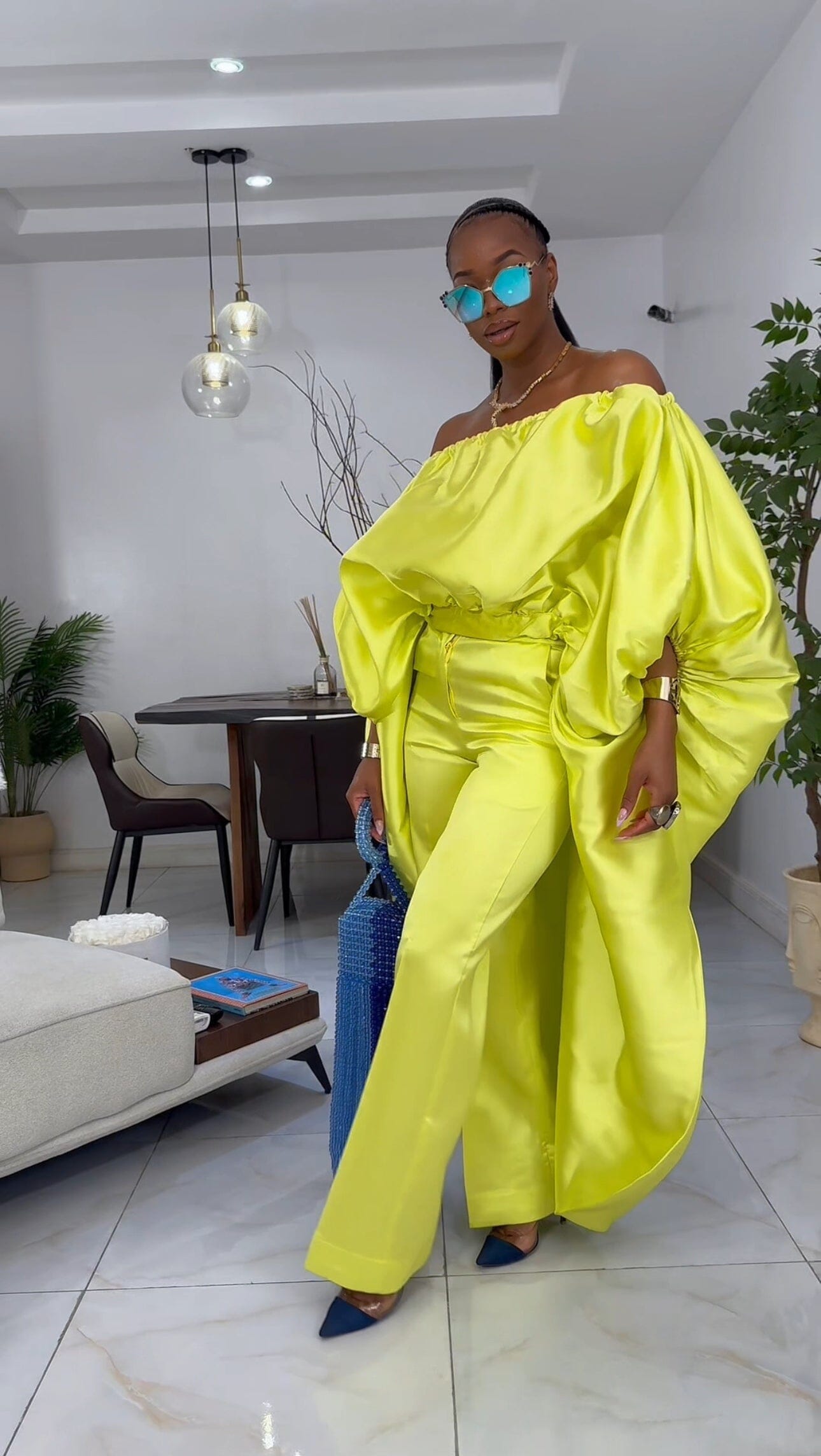 2- piece Kese neon cape high low and wide leg pant set