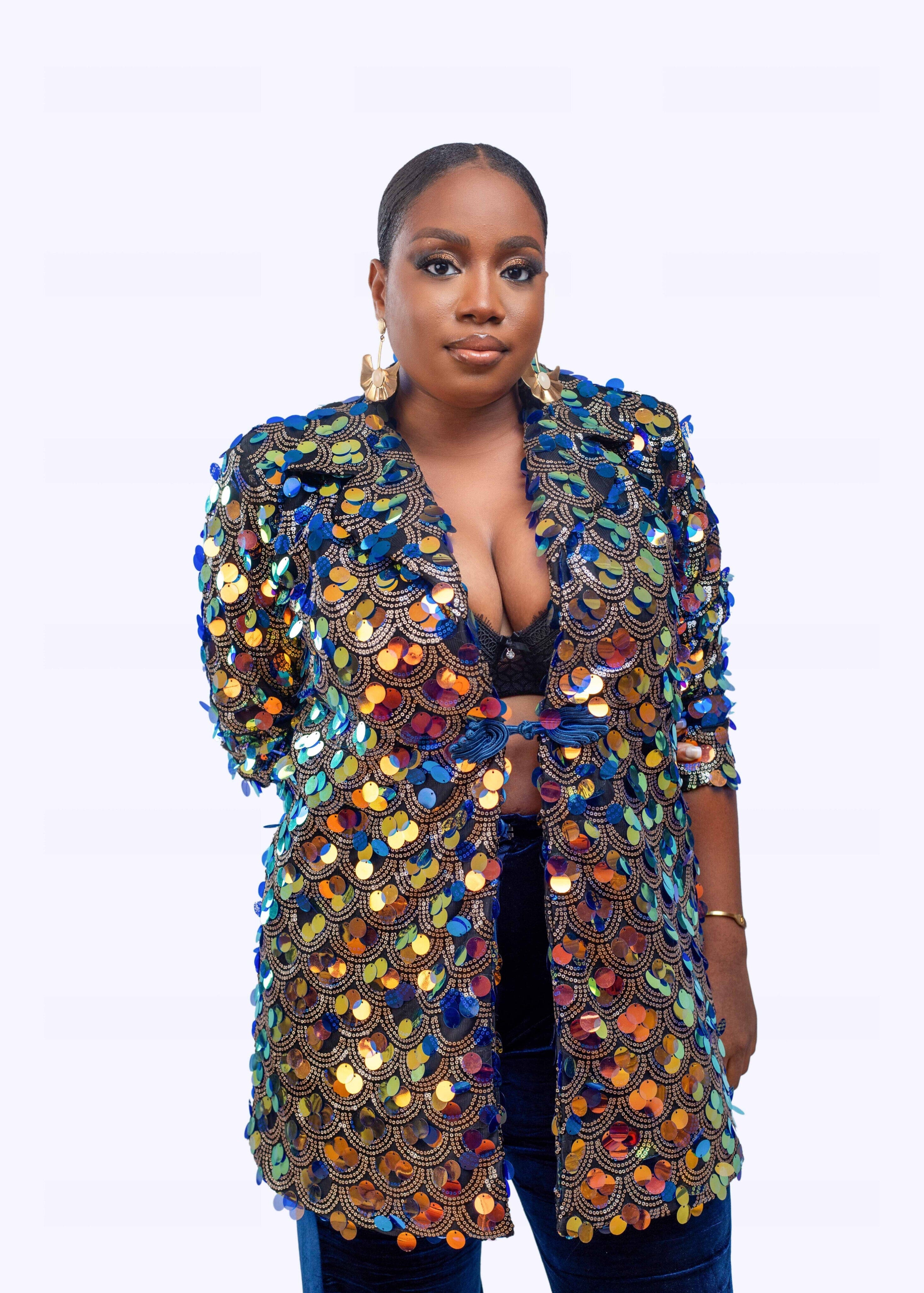 Baller Sequin Boyfriend Jacket and velvet bell bottom Pant Set)