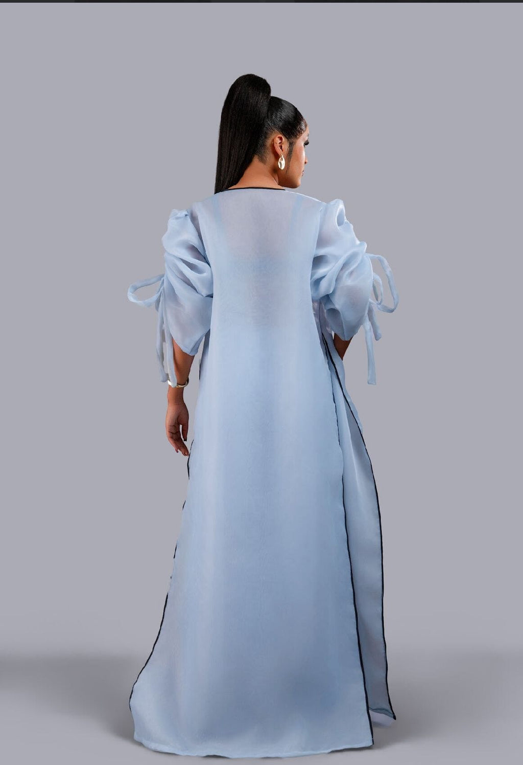 Blue kimono with black bow sequin and wide leg pant set.