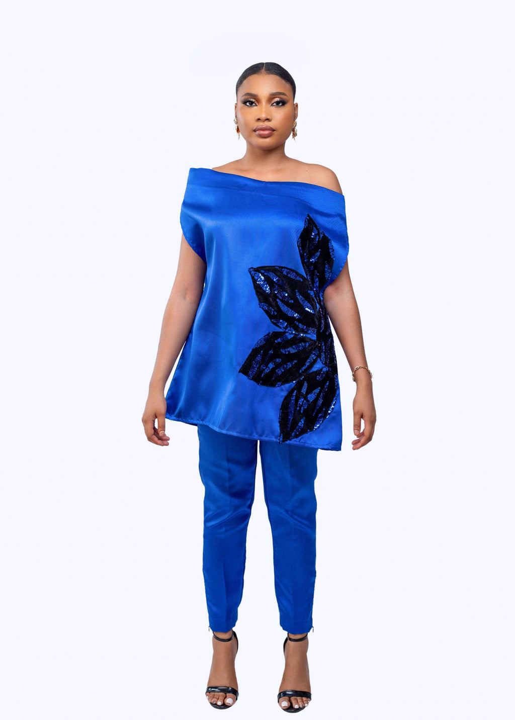 Goddess pant set (blue)- silk African matching set with sequin