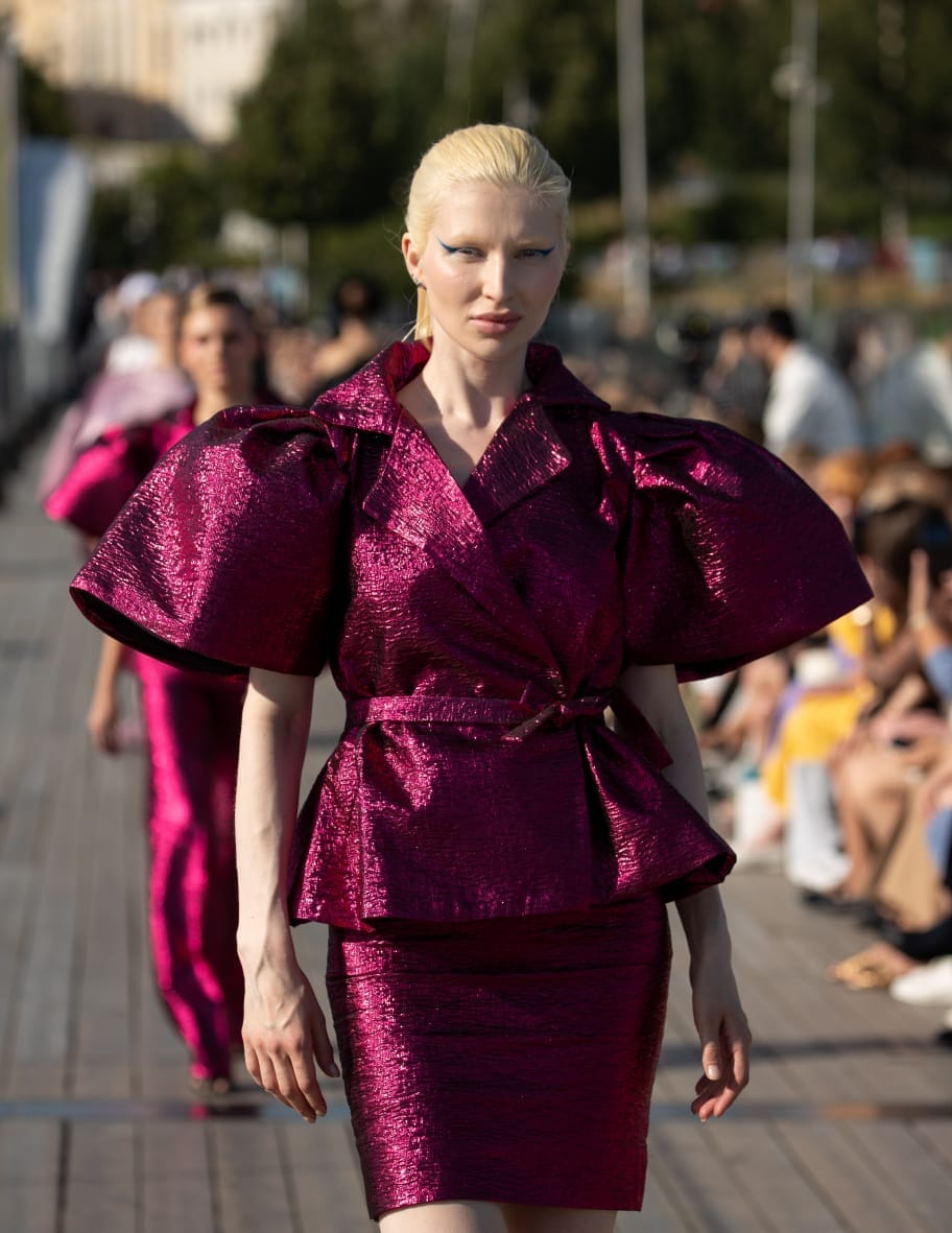 Rush Pink plain damask wrap blouse with exaggerated sleeves