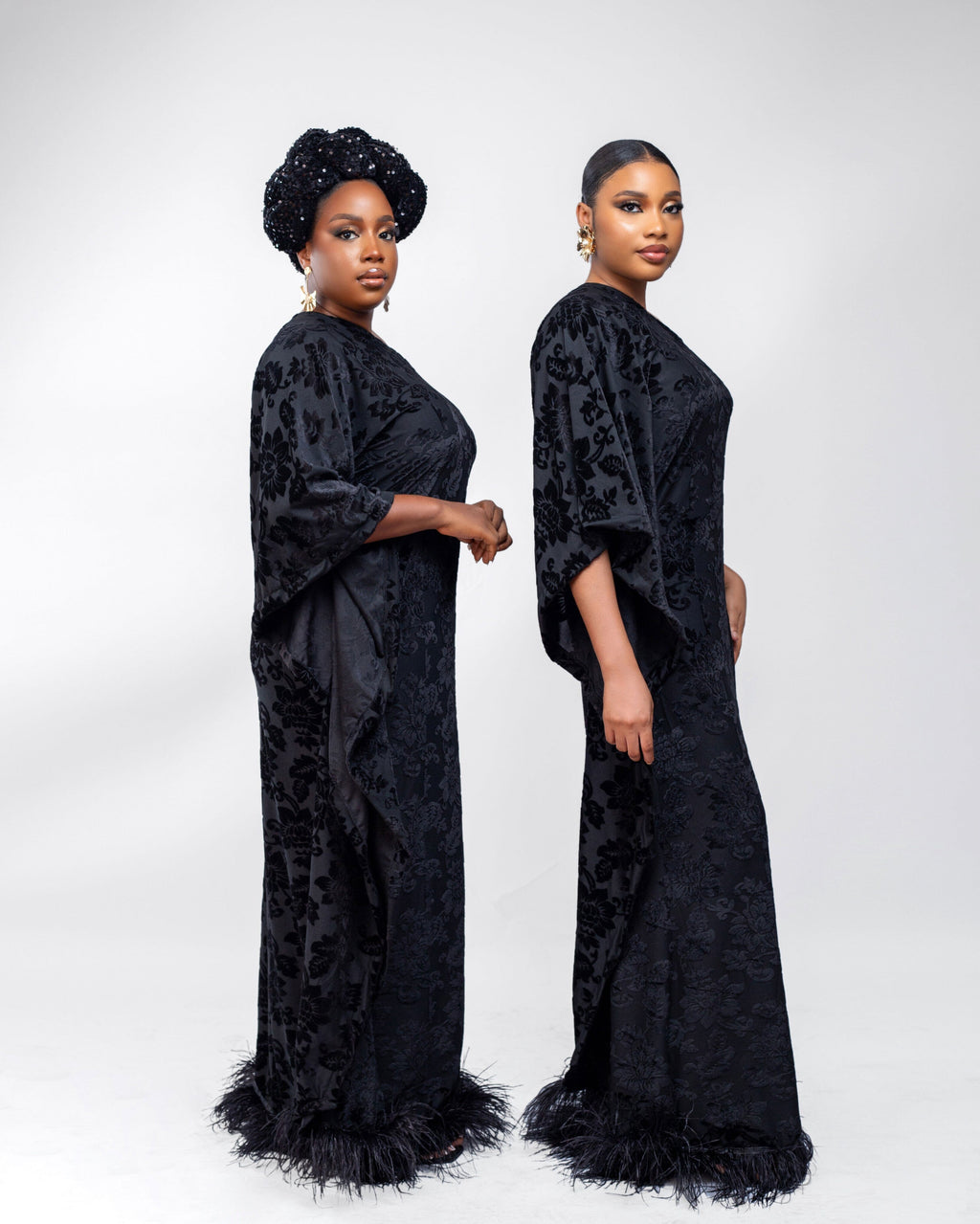 Tyla asymmetrical sleeves with feathers boubou velvet dress (Black)